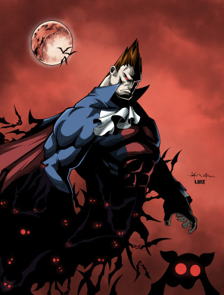 Man blue suit red cape 3 - a red moon in the background free wallpaper