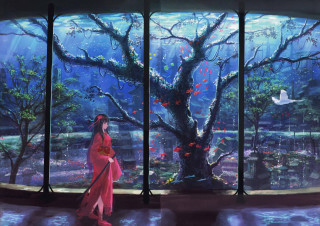 Woman red dress tree birds - overhead free wallpaper