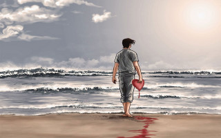 Beach man heart bloodied hands - analytical art free wallpaper
