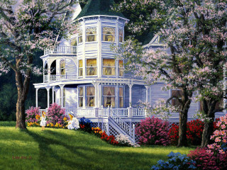 House garden trees woman walking - a painting of a house free wallpaper