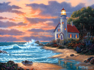 Lighthouse beach sunset waves crashing - wave free wallpaper