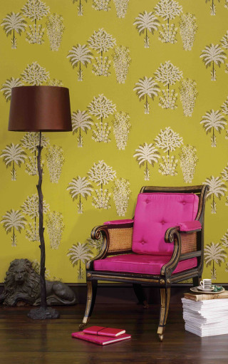Chair lamp wallpapered room pink - free 3d render wallpaper