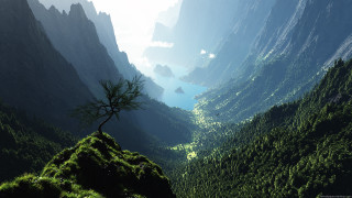Tree mountain valley river background 2 - a mountain top free wallpaper