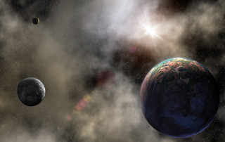 Planets in the sky with - a bright sun in the background free wallpaper