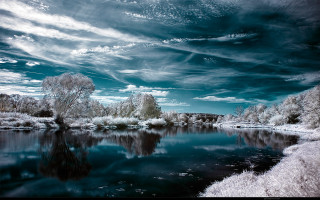 River trees clouds snow ground - a few bush free wallpaper