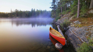 Canoe dock lake fog trees 2 - a canoe free wallpaper