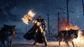 Man costume sword wolves snow - unreal engine 5 free wallpaper