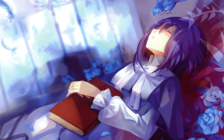 Woman purple hair book sitting - a window behind her free wallpaper