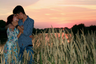 Man woman lake sunset pink - a man and woman free wallpaper