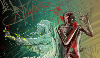 Man tennis racquet graffiti action - expressionism free wallpaper