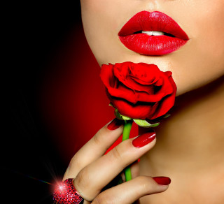 Woman red lipstick holding rose - a rose free wallpaper