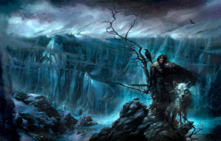 Man mountain tree waterfall painting - a painting of a man free wallpaper