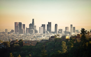 City skyline trees bridge mountain - a few building free wallpaper