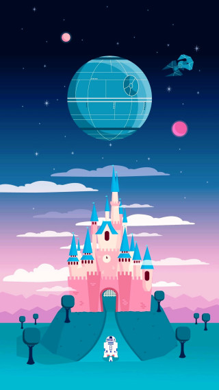 Castle sky blue moon background - retrofuturism free wallpaper