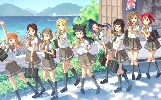 Girls school uniforms hands up - a line free wallpaper