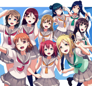 Group girls schooluniforms posing hands - a picture together free wallpaper