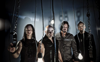 Men chains lightbulb group standing - biomechanical free wallpaper