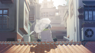 Person sitting roof umbrella buildings - a roof free wallpaper