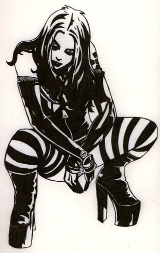 Woman striped outfit kneeling sword - her knee free wallpaper