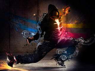 Man black hoodie fire wheelie - graffiti art free wallpaper
