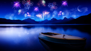 Boat fireworks water mountains night - firework free wallpaper