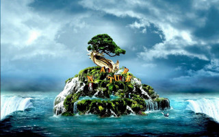 Small island tree waterfall ocean 3 - the middle of the ocean free wallpaper
