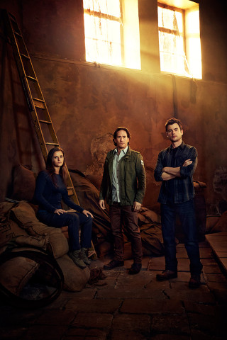 Three people standing room ladder - against free wallpaper