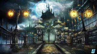 Castle gate full moon sky - matte fantasy painting free wallpaper