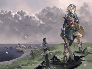 Man hill sword water background - octopath traveler free wallpaper