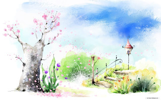 Park tree birdhouse path nature - a painting of a park free wallpaper