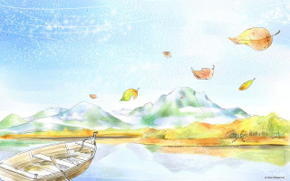Boat lake mountain leaves flying - the air above free wallpaper