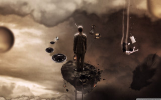 Man tower clock floating objects - surrealistic free wallpaper