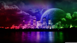 City skyline rainbow colored sky 2 - sky free wallpaper for desktop