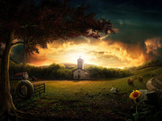 Church field tree sunflower barn - matte painting free wallpaper for desktop