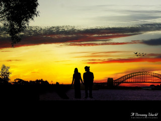 Couple sunset bridge plane flying - overhead free wallpaper