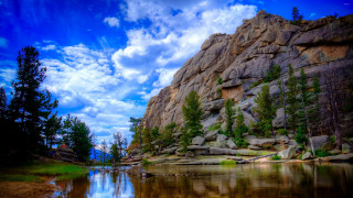 Lake rocks trees cloudy sky 3 - white cloud free wallpaper
