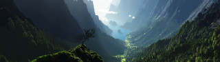 Mountain valley tree river nature 3 - a sunbeam in the distance free wallpaper