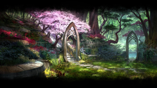 Garden waterfall bridge painting nature - a painting of a garden free wallpaper