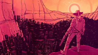 Man standing mountain city red - western free wallpaper