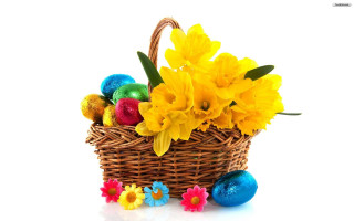 Basket yellow flowers eggs blue - a basket free wallpaper