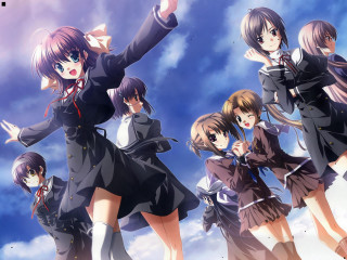 Anime girls group arms up - the air free wallpaper