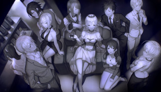 Anime characters couch black background - a group of anime characters sitting next free wallpaper
