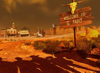 Man desert sign cowskull building - american scene painting free wallpaper
