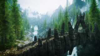 Bridge forest waterfall trees background - brutalism free wallpaper