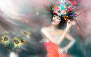 Woman red dress flower hair 5 - digital painting free wallpaper