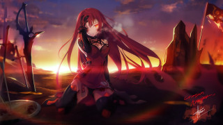 Woman red hair sitting rock - a sunset in the background free wallpaper