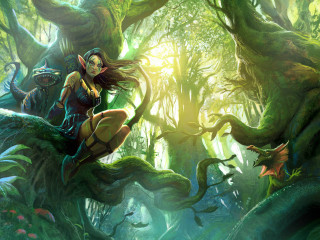 Woman sitting tree forest sunlight - league of legends concept art free wallpaper