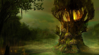 Fantasy treehouse forest traintrack train - a train free wallpaper