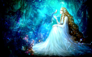 Woman white dress forest bird 3 - fantasy art free wallpaper