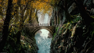 Fantasy bridge river forest waterfall - scene free wallpaper